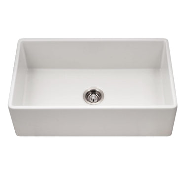 Houzer Platus 33 inch White Fireclay Apron Front Farmhouse Single Bowl Kitchen Sink with Basket Strainer and Basin Grid Included